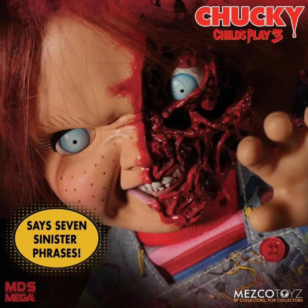 Child's Play 3 Mezco Designer Series Talking Pizza Face Chucky - GeekLoveph